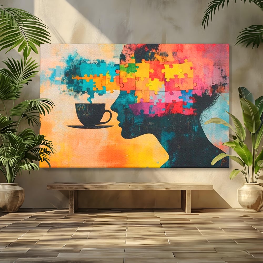 Tablou canvas cu tablou canvas cu silueta de femeie si puzzle, fara rama, pe sasiu de lemn